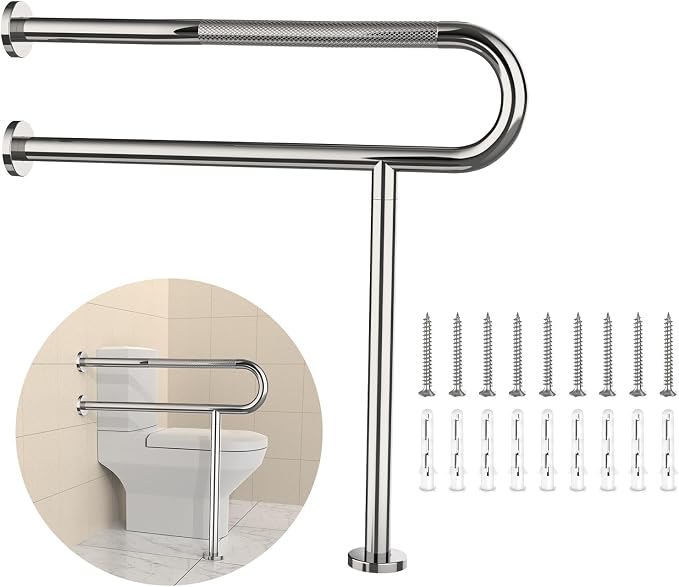 Toilet Grab Bar 32 Inch with Leg, YuanDe Chrome Anti-Slip Toilet Handrail | Wall & Floor Mounted Stainless Steel Grab Bar, Knurled Handicap Support Rail for Elderly, Disabled, Pregnant