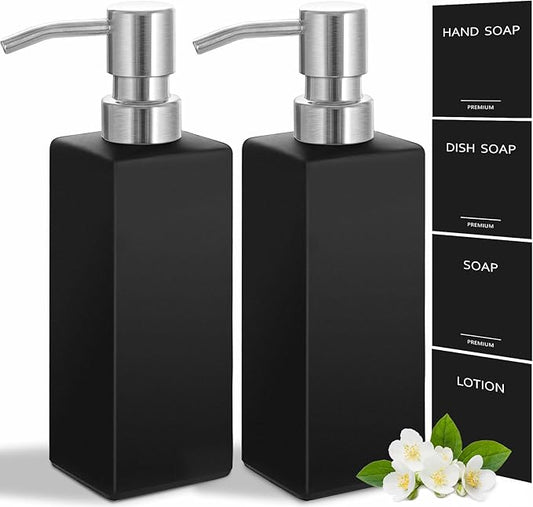 GMISUN Black Soap Dispenser, Hand Soap Dispenser Bathroom, 12 fl oz/350ml Glass Soap Dispensers with Stainless Steel Pump, Refillable Liquid Dish Dispenser for Kitchen, Modern Soap and Lotion Bottles