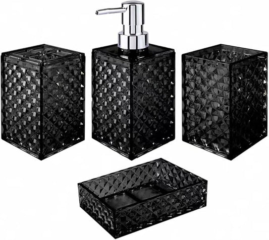 Bathroom Accessory Set, Grid Pattern 4 Pcs Plastic Bathroom Set, Black | Include Soap Dispenser, Soap Dish, Toothbrush Holder, Mouthwash Cup, Modern Bathroom Decor Set