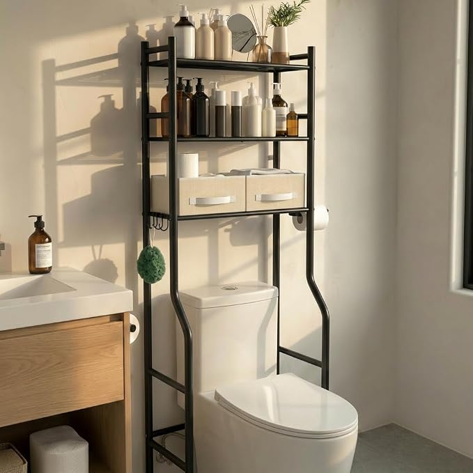 GloTika 3-Tier Over Toilet Storage, Anti-Tilt, 64" H, Black, 2 Baskets | Anti-Tilt Safety System, 150lb Capacity, Carbon Steel, Freestanding, No Drilling, Anti-Rust Coating, Paper Holder & 4 Hooks