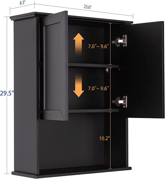 VANIRROR Bathroom Wall Mounted Wood Medicine Cabinet with Adjustable Shelf | 23"x 29" Black Over Toilet Storage Wall Hanging Cabinets for Entryway, Kitchen, Laundry Room