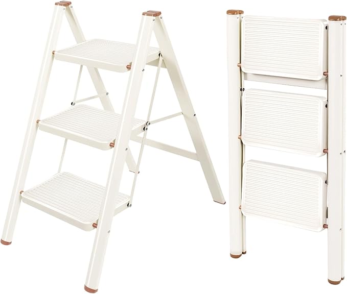 Valeo 3 Step Ladder,Lightweight Folding Step Stool with Wide Anti-Slip Pedal, 330LBS Capacity, Heavy Duty,Sturdy Iron Metal Step Stool for Home, Kitchen, Closet, Adults, Cream White