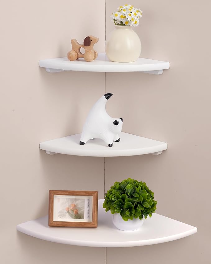 White Floating Corner Shelves, Set of 3 Corner Wall Shelves with Cable Hole Soild Wood Wall Storage Display Wall Mounted Shelves for Plants, Photos, Speakers, Living Room, Bedroom, Bathroom, Kitchen