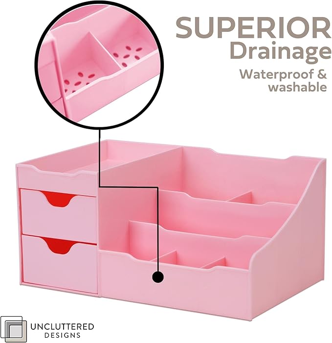Makeup Organizer With Drawers - Cute Kawaii Countertop Storage for Cosmetics, Pretty Vanity Holder for Perfume, Skincare, Brush, Lipstick, Nail Polish and other Accessories (Pink)