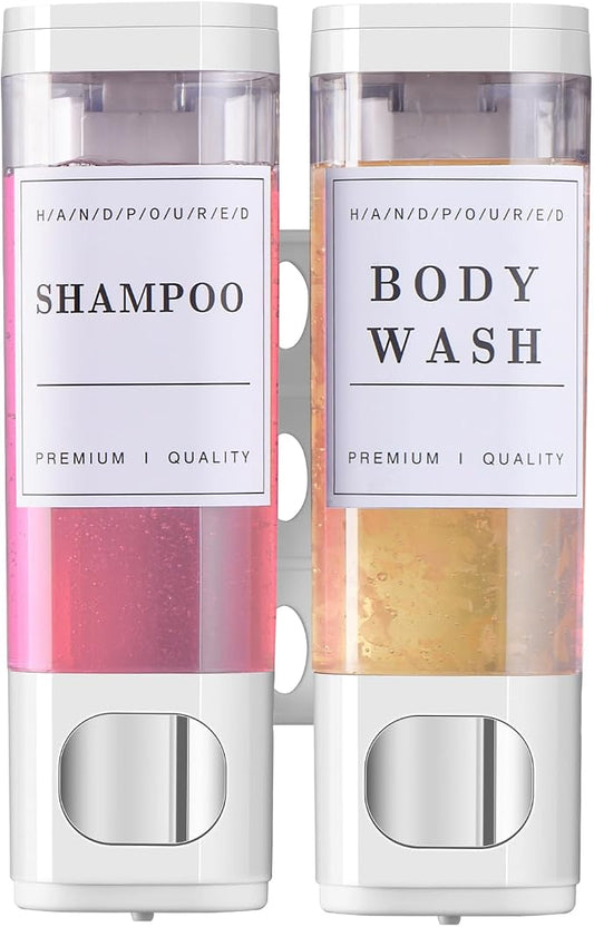 Shampoo and Conditioner Dispenser Bathroom Shower Soap Dispenser Wall Mounted Shampoo Dispenser for Shower Wall No Drill 2 * 300ml White 2 Chamber with Waterproof Labels Self