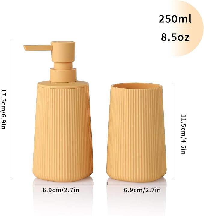 YAUKPH Bathroom Soap Dispenser and Toothbrush Holder Striped Yellow | Bathroom Accessories Set 2 Piece for Bathroom Countertop Storage and Decor