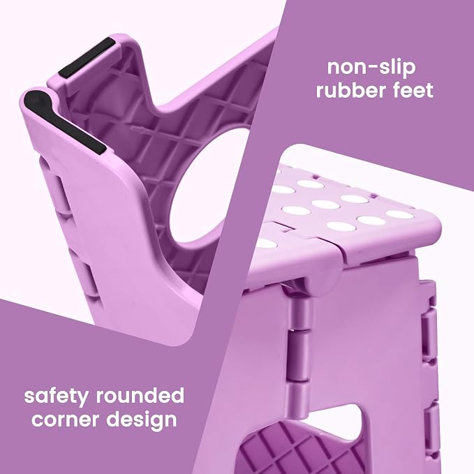 Foldable Step Stool for Adults 13 Inch, 300 lbs, Light Purple | Lightweight Stepping Stool with Handle and Non-Slip Surface, for Reaching Kitchen Cabinets, Bathroom Shelves and Closets