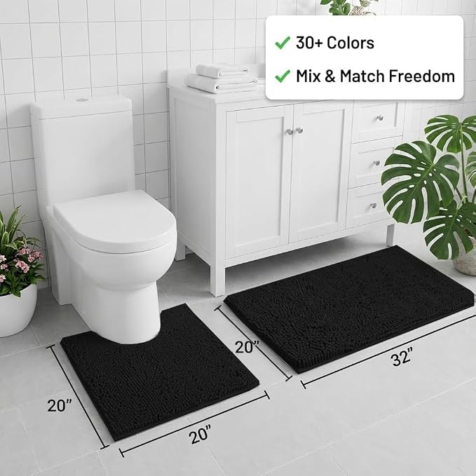 Bathroom Rugs Sets 2 Piece,Super Absorbent Chenille Bath Mats and U-Shaped Toilet Rug,Strong PVC Non Slip Backing,Microfiber Washable Dry Quickly Bath Mats for Bathroom(20"x32"+20"x20"U, Black)