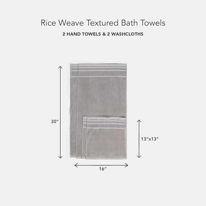 Texere 100% Organic Cotton Rice Weave Jacquard 700 GSM Luxury Bath Towel Sets - Ultra Soft and Absorbent Hotel and Spa Quality (Rice Weave, Cathedral Gray, 2 Hand & 2 Face Towels)