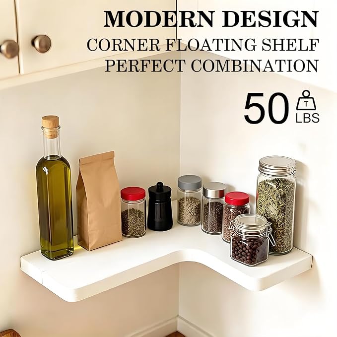 Floating Corner Shelves, Wall Shelf Set of 3, Shelves for Wall Storage, Solid Wood Shelves for Storage, Wall Mount Wooden Display Shelf for Bathroom Bedroom Kitchen Garage (White 3 Pcs)