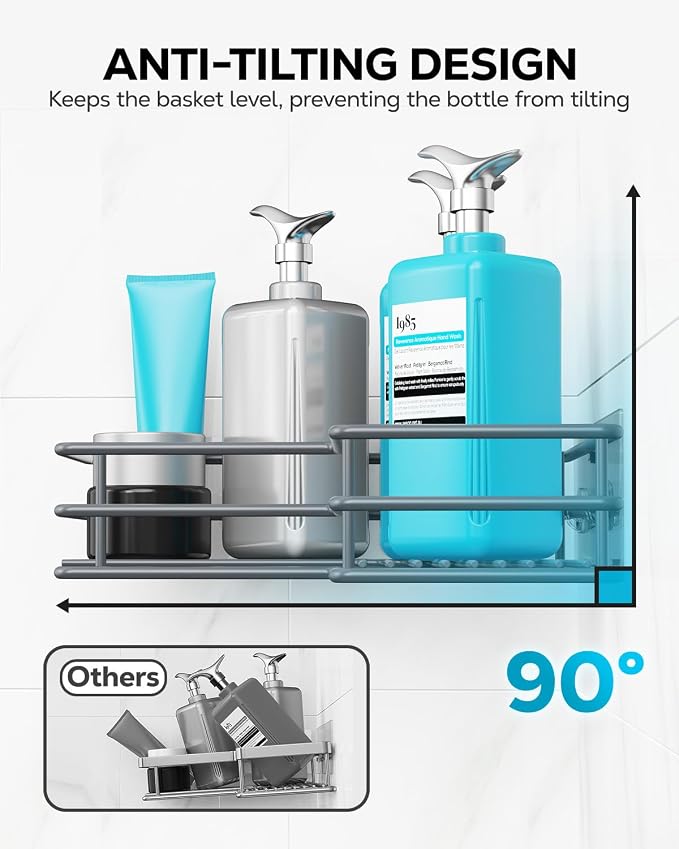 Nieifi Corner Shower Shelves, Adhesive Shower Caddy, Bathroom Organization | Stainless steel, 2 pack, wall mounted, bathroom shelves, shampoo and soap holder, bathtub storage, with hooks, gray