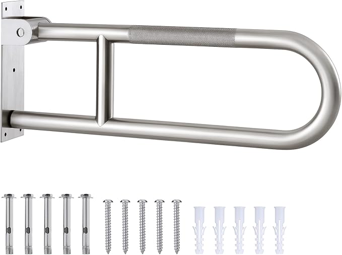 24 Inch Toilet Grab Bar-304 Stainless Steel Flip Up Handrail | Anti-slip grip| Brushed finish | Wall mount | Space saving fold up design | Template & hardware included