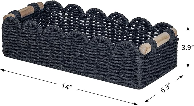 CubesLand Scalloped Toilet Paper Storage Basket W/Handle for Home Decor | Paper Rope Toilet Organizer Basket for Countertop, Over Toilet Shelf, End Table, Living Room Cozy Decorative & More, Black