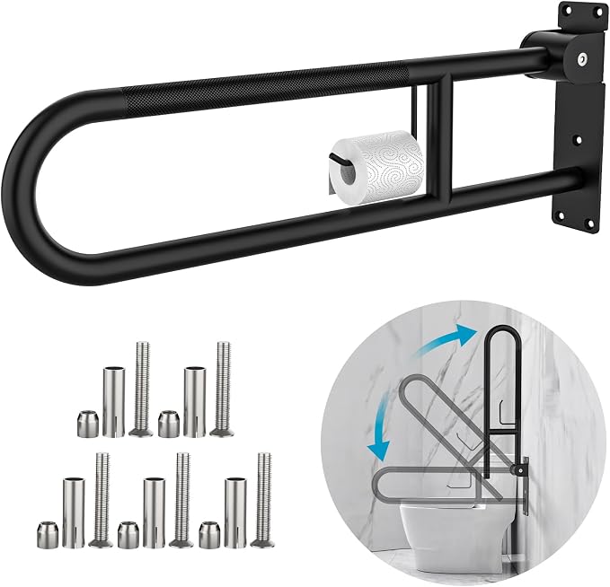 Toilet Grab Bar 32 Inch Black, Munzong Anti-Slip Flip-Up Handicap Grab Bars | Bathroom Safety Rails with Paper Holder Stainless Steel Knurled Support handrails for Seniors Elderly Disabled Pregnant