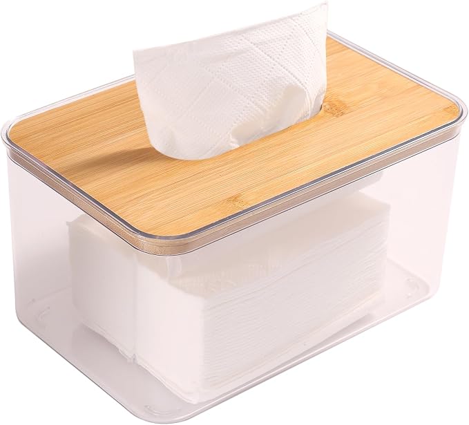 Acrylic Tissue Box Cover, Bamboo Dryer Sheet Holder, Wooden Rectangular Dryer Sheet Dispenser for Storage on Bathroom Vanity, Countertop, Bedroom Dresser