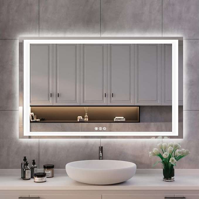 ISKM 48x28 LED Mirror for Bathroom, Front and Back Lit, Anti-Fog, Dimmable | Memory Function,ETL,3 Color Temps 3000K-6000K,IP65 Waterproof ,Tempered Glass, Plug in or Hardwired, for Makeup & Shaving