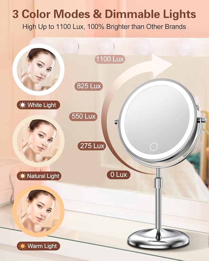 7" Lighted Makeup Mirror with Magnification 10X, Height Adjustable,3 Lights | 1X/10X Magnifying Mirror with Light, Stepless Dimming, 360° Swivel, Rechargeable Vanity Mirror for Desk, LED Standing Mirrors