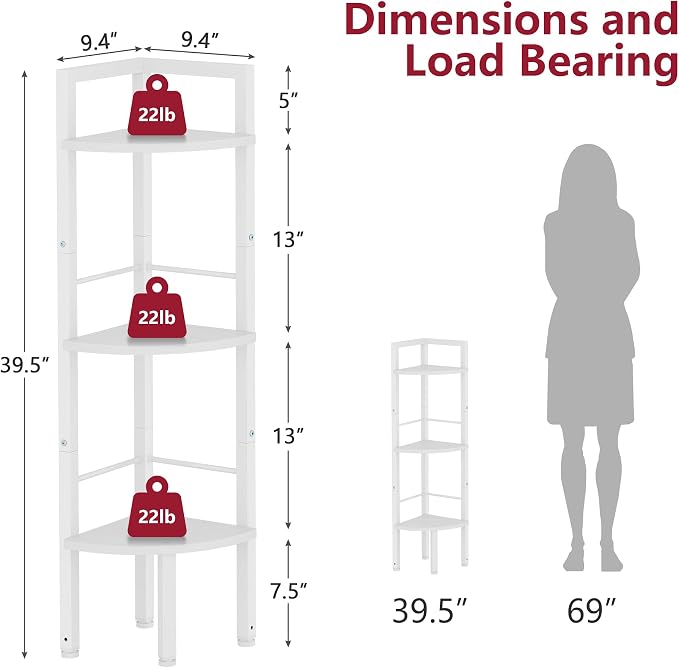 Small Corner Shelf Stand 3 Tier 39.5" with Metal Frame, White | Industrial Narrow Corner Shelf, Multipurpose Tall Corner Bookshelf, Corner Shelves for Bedroom, Living Room, Office, Kitchen