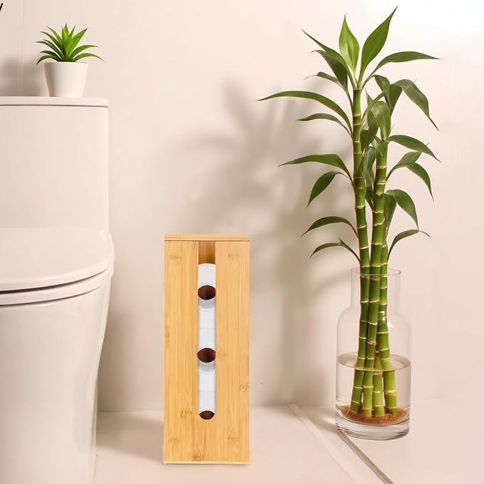 Bamboo Toilet Paper Storage,Wood Toilet Paper Holder Stand,Freestanding Vertical Tissue Storage Organizer, Holds 4 Rolls, 16.1 x 5.9 x 5.9 in / 41 x 15 x 15 cm, for Bathroom Organizer