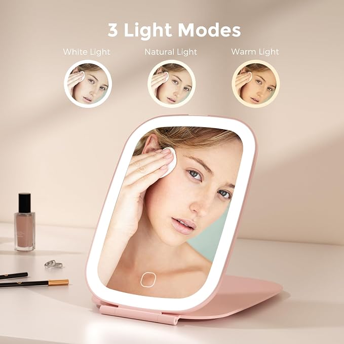 NEZZOE Rechargeable Travel Makeup Mirror with LED Light, 7x5 Inch, Pink