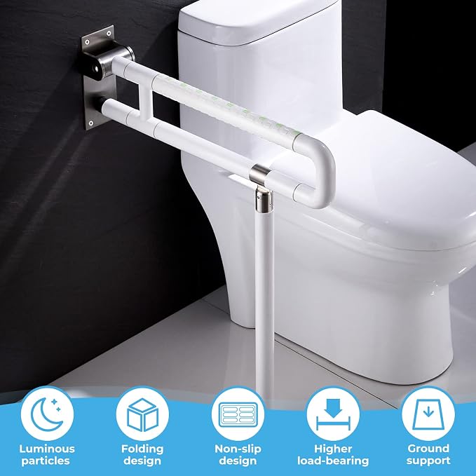Modunful Upgraded Handicap Grab Bar for Bathroom, Flip Up Toilet Hand Rail for Elderly, Disabled, Pregnant, 23.6 Inch, White, Textured Finish, Stainless Steel