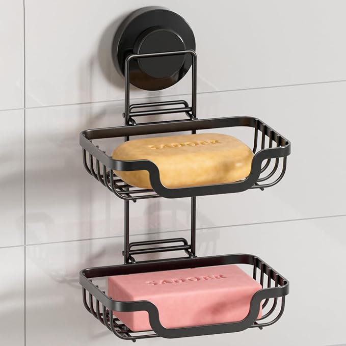 Bar Soap Holder with Hooks, Suction Cup Soap Dish Stainless Steel | 2 Layer Soap Holder Shower Wall Mounted, Soap and Razor Holder for Shower, Rustproof for Bathroom, Sponge Holder Saver
