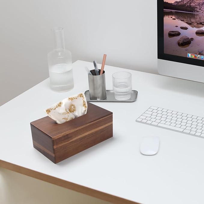 Tissue Box Cover Rectangle, Wood Tissue Box Holder, Wooden Facial Paper Holder for Bathroom, Bedroom, Dinner Table, Office (2 Pack, 9.8 x 5.5 x 3.7 inch)