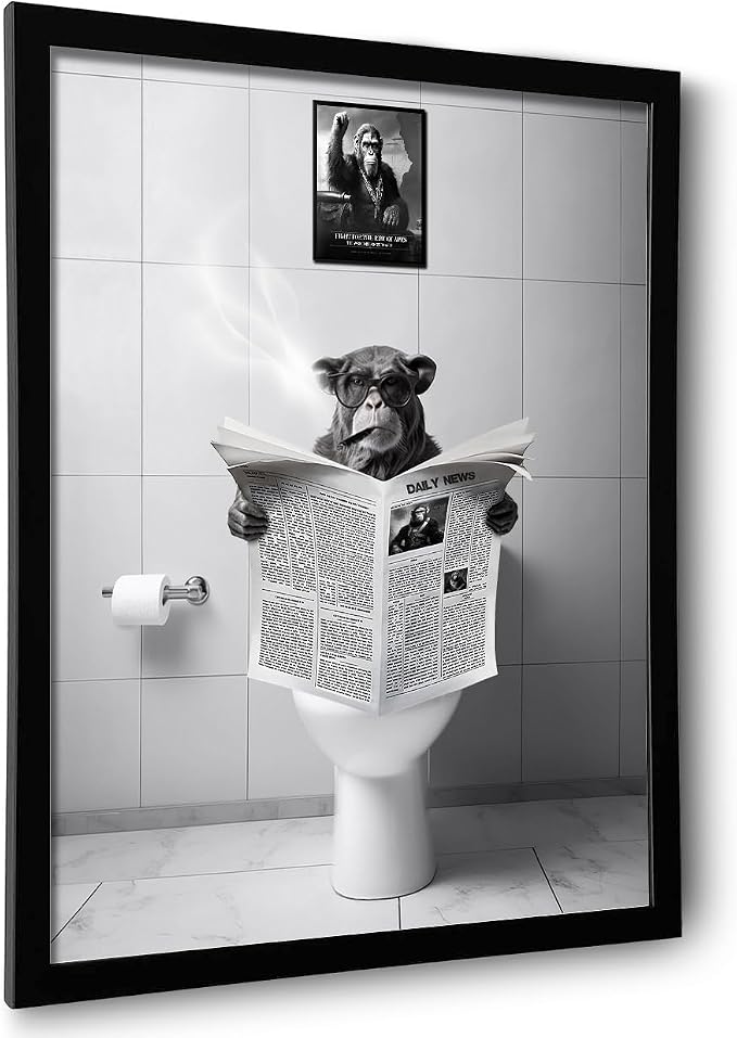 Ardakar Black and White Wall Art, Framed Bathroom Decor Wall Art, Funny Animal Bathroom Wall Decor, Funny Chimpanzee on Toilet (Framed,11''x14'')