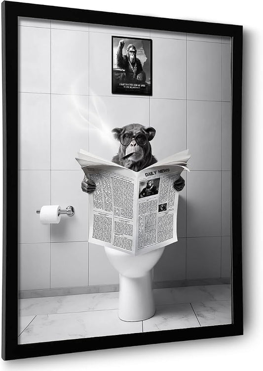 Ardakar Black and White Wall Art, Framed Bathroom Decor Wall Art, Funny Animal Bathroom Wall Decor, Funny Chimpanzee on Toilet (Framed,11''x14'')