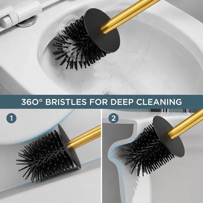 FORIOUS Toilet Brush, 2 Toilet Bowl Brush Head Square Short Gold | Heavy Duty 304 Stainless Steel Base, Silicone and Plastic Brush Heads, 360° Deep Cleaning, Drip-Proof, Splash-Proof Design