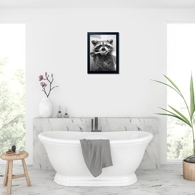 Raccoon Bathroom Art Wall Decor Black And White Animal Picture Funny Raccoon Brushing Teeth Art Farmhouse Framed Prints Painting