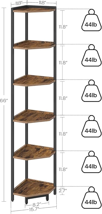 Hzuaneri Corner Shelf Stand 6-Tier Corner Bookshelf Storage Standing Shelf | Bookcase Plant Stand with Metal Frame for Living Room, Home Office, Bedroom, Rustic Brown CS06001B