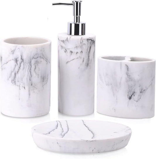 Bathroom Accessory Set, 4 Pcs Marble Look Bathroom Vanity Countertop Bathroom Décor Sets Accessories with Soap Dispenser, Toothbrush Holder Set, Tumbler, Soap Dish (White Marble Look Rounded)
