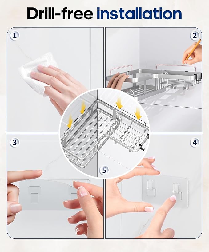 3 Pack Corner Shower Shelves, Rustproof Shower Organizer Caddy | No Drilling Shower Organizer Corner Exclusively for 90 Degree Right-Angle Walls with Hooks and Toothpaste Holder, Silver
