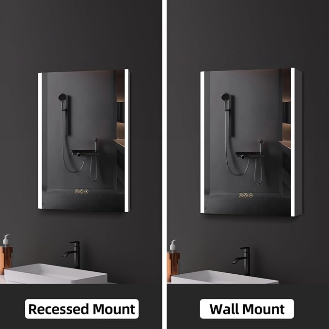 20 x 28 Inch Medicine Cabinet with Mirror and LED Light for Bathroom | Recessed, Wall-Mounted, Dimmable, Anti-Fog, Memory Function, 3 Color Mode, Outlet&USB, Adjustable Shelf, ETL Listed, Aluminum