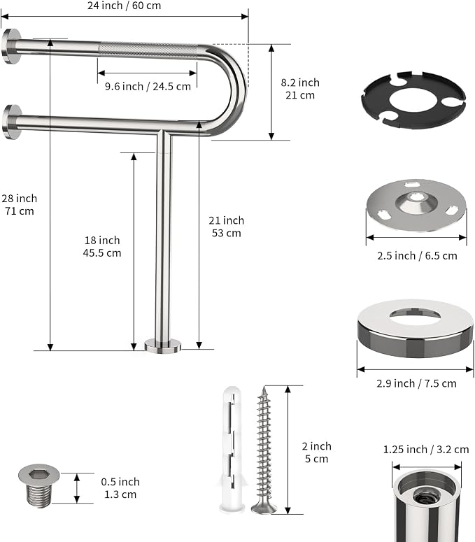 Toilet Support Rail 24x28 Inch, Munzong Anti-Slip Chrome Handicap Grab Bar | Stainless Steel Knurled Safety handrails with Leg for Bathroom Elderly Disabled Pregnant-1.25’Tube