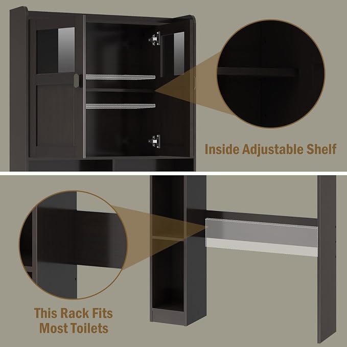 Vabches Over The Toilet Storage Cabinet with Doors and Shelves, Espresso | Freestanding Home Space Save Toilet Rack, with Adjustable Shelves for Restroom, Bathroom, Laundry