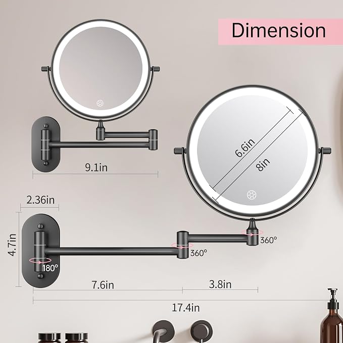 FUNTOUCH 5000mAh Rechargeable Wall Mounted Lighted Makeup Mirror 1X30X | Double Sided 1X 30X Magnifying, 3 Color Lighting, Touch Dimming, Extended Arm 360 Rotation Light up Bathroom Mirror Black