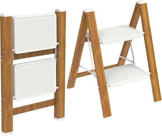 HBTower Step Ladder, Lightweight Aluminum Folding Step Stool | Anti-Slip Wide Pedal, 330lbs Capacity Step Ladder for Household Kitchen Office, WhiteWoodgrain