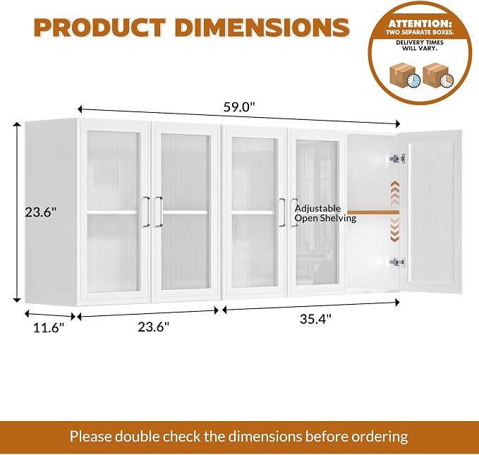 60" W Bathroom Wall Cabinet with Acrylic Glass Doors, Display Cabinet, Kitchen Wall Cabinets with Adjustable Shelf, Laundry Room Wall Mounted Cabinet, Medicine Wall Cabinet with Light (White)