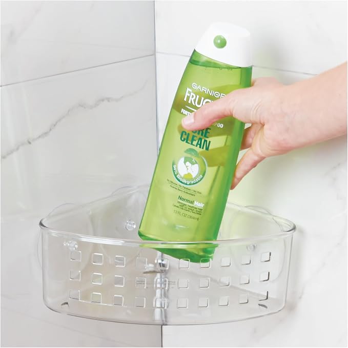 iDesign Plastic Suction Cup Corner Shower Basket, Set of 2, Clear | Bathroom Storage, Made in USA