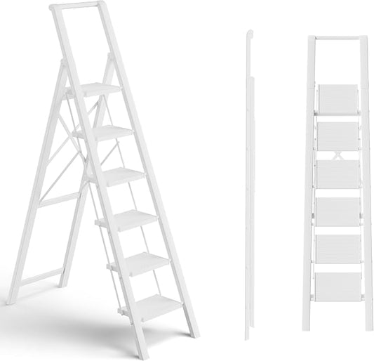 6 Step Ladder, Folding Step Stool, Lightweight Stepladder, White | Reach 12ft;Anti-Slip 7.9'' Wide Pedal;Portable Handrail;Space-Saving;For Kitchen, Home, Library, Office Use;300lbs Capacity