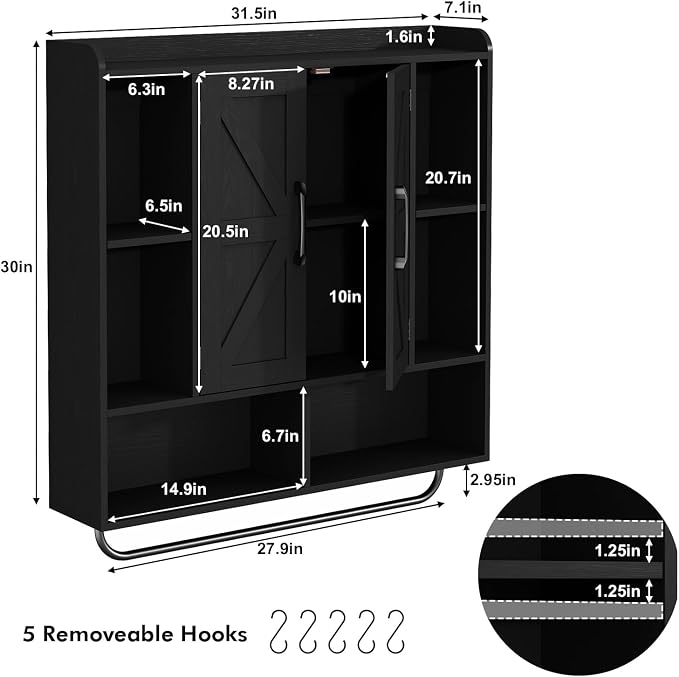 RUSTOWN Rustic Bathroom Wall Storage Cabinet with 2 Barn Doors, Black | Farmhouse Medicine Cabinet, Wall Mounted, Space Saving, 3-Tier Adjustable Shelves, Towel Bar, 5 Hooks