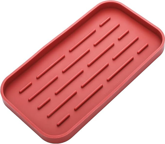 MicoYang Silicone Kitchen Sink Organizer Tray for Multiple Usage,Eco-Friendly Sponges Holder for Kitchen Bathroom Counter or Sink,Dish Soap Dispenser,Scrubber,Bottle,Cup (Red, 10"×5.3")