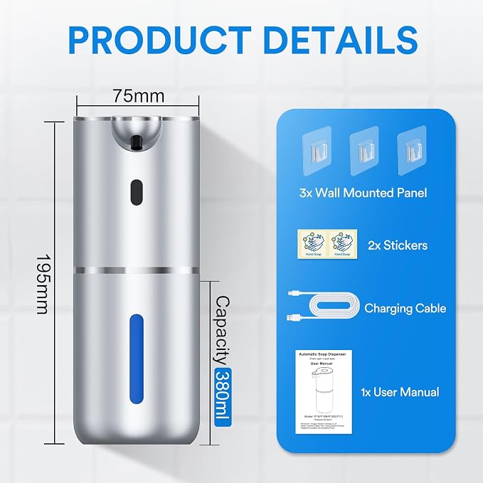 Automatic Foaming Soap Dispenser Touchless, Rechargeable Electric Hand ＆ Dish Soap Dispenser for Bathroom and Kitchen - Smart Digital Display, 6 Adjustable Level, 380ml, Wall Mounted, IPX5