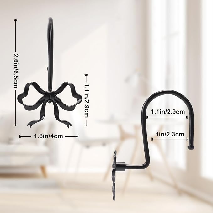 Bow Shower Curtain Hooks, 12-Pack Black Metal Decorative Bow Knot Rings | Rust-resistant metal rings with black bow knot accents add decorative charm to bathrooms, guest baths