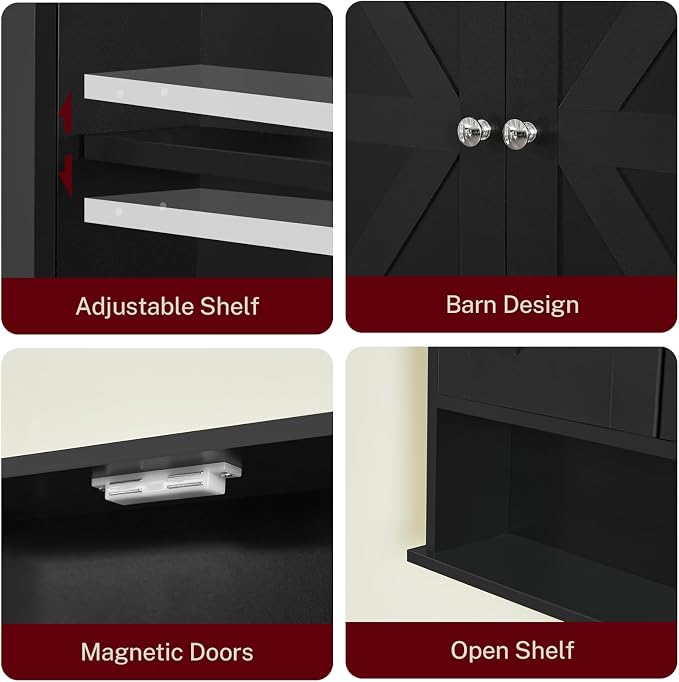 Bathroom Wall Cabinet, Over The Toilet Space Saver Storage Cabinet with Barn Doors & Adjustable Shelf, Hanging Medicine Cabinet, Black UNGGX003HV1