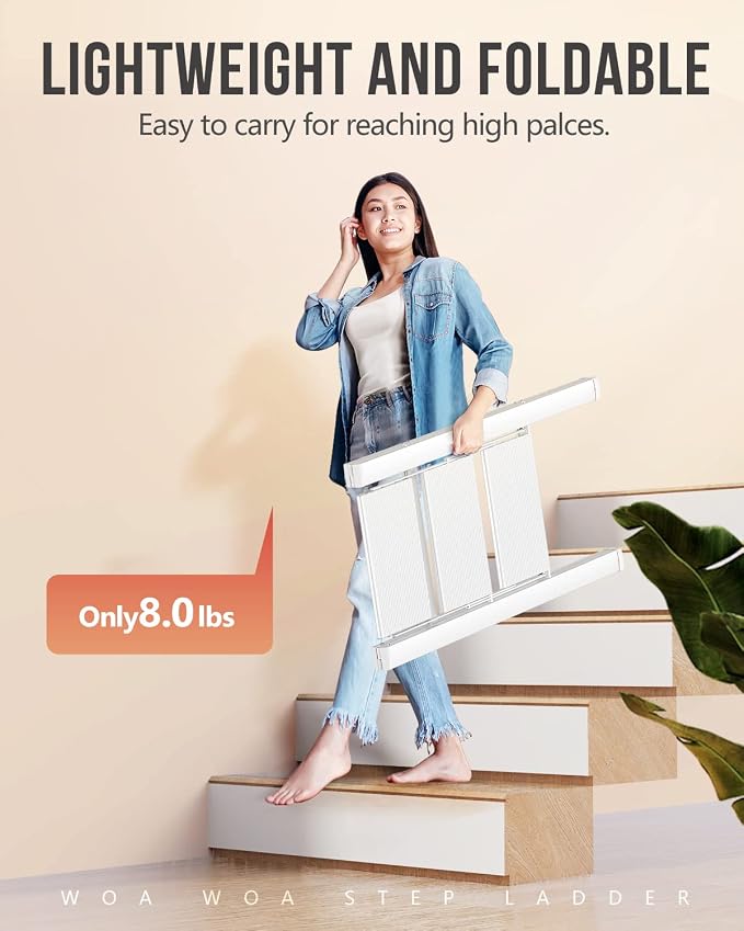 3 Step Foldable Step Stool, 300lbs Load, White | Folded 35''H x 2''T; Net 8 lbs; Non-Slip Feet: Wood/Tile/Carpet; Rigid Aluminum Steps; No Assembly; Ready From Box.