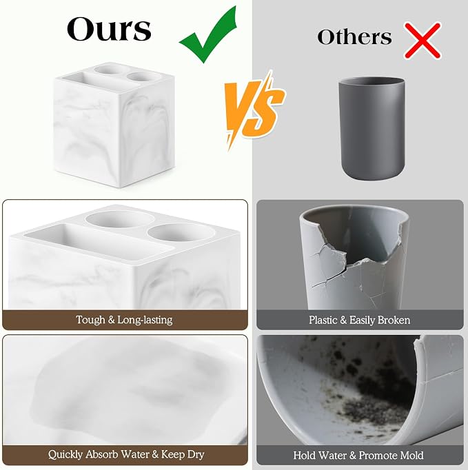 Luxspire Toothbrush Holder, 3 Slots, Marble White | Diatomite, Fast Drying, Toothbrush Holders for Bathroom, Toothbrush and Toothpaste Holder for Countertop