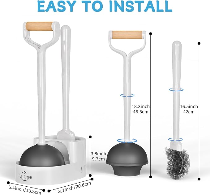 Toilet Brush and Plunger Set, Curved Head for Deep Cleaning, White | Brush and Plunger set, Curved Nylon Bristles for Deep Clean, Strong Suction Plunger, Ventilated Holder for Quickly Air Dry